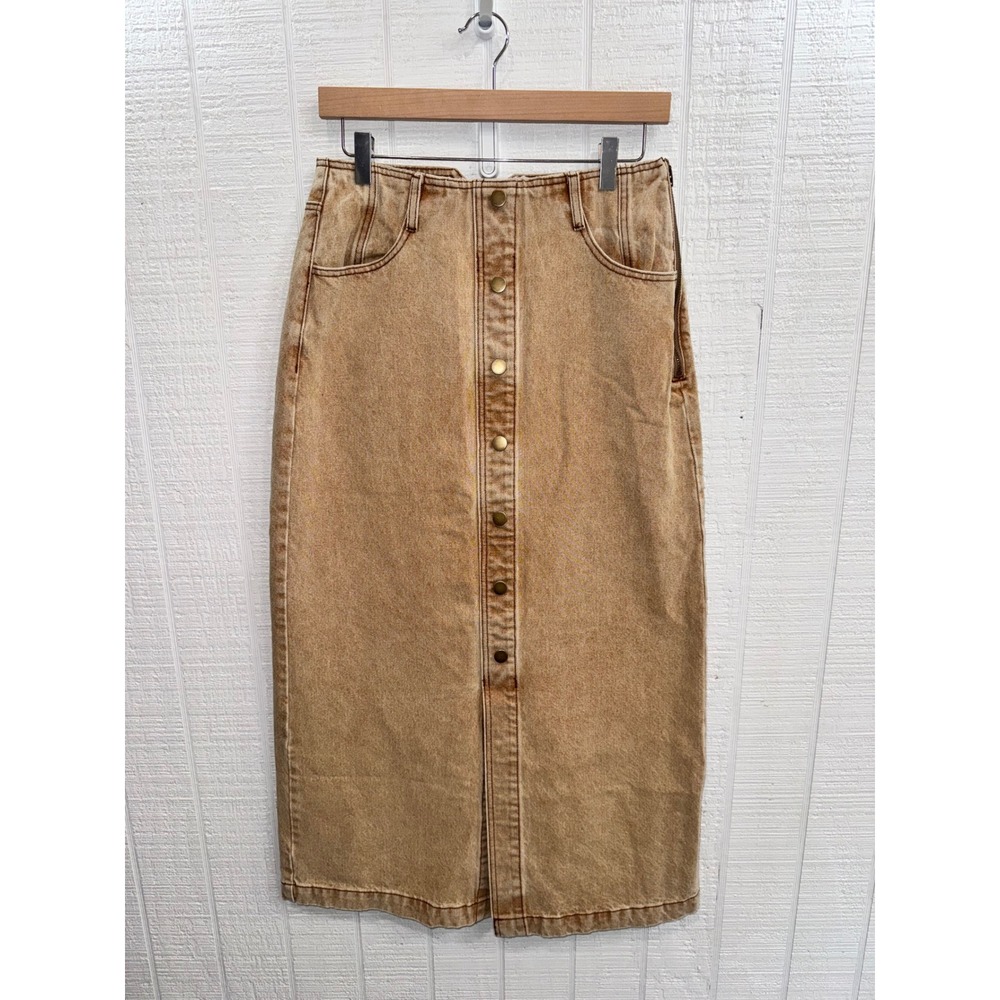 Miou Muse Denim Midi Skirt Women Tan Acid Wash Button Front Small